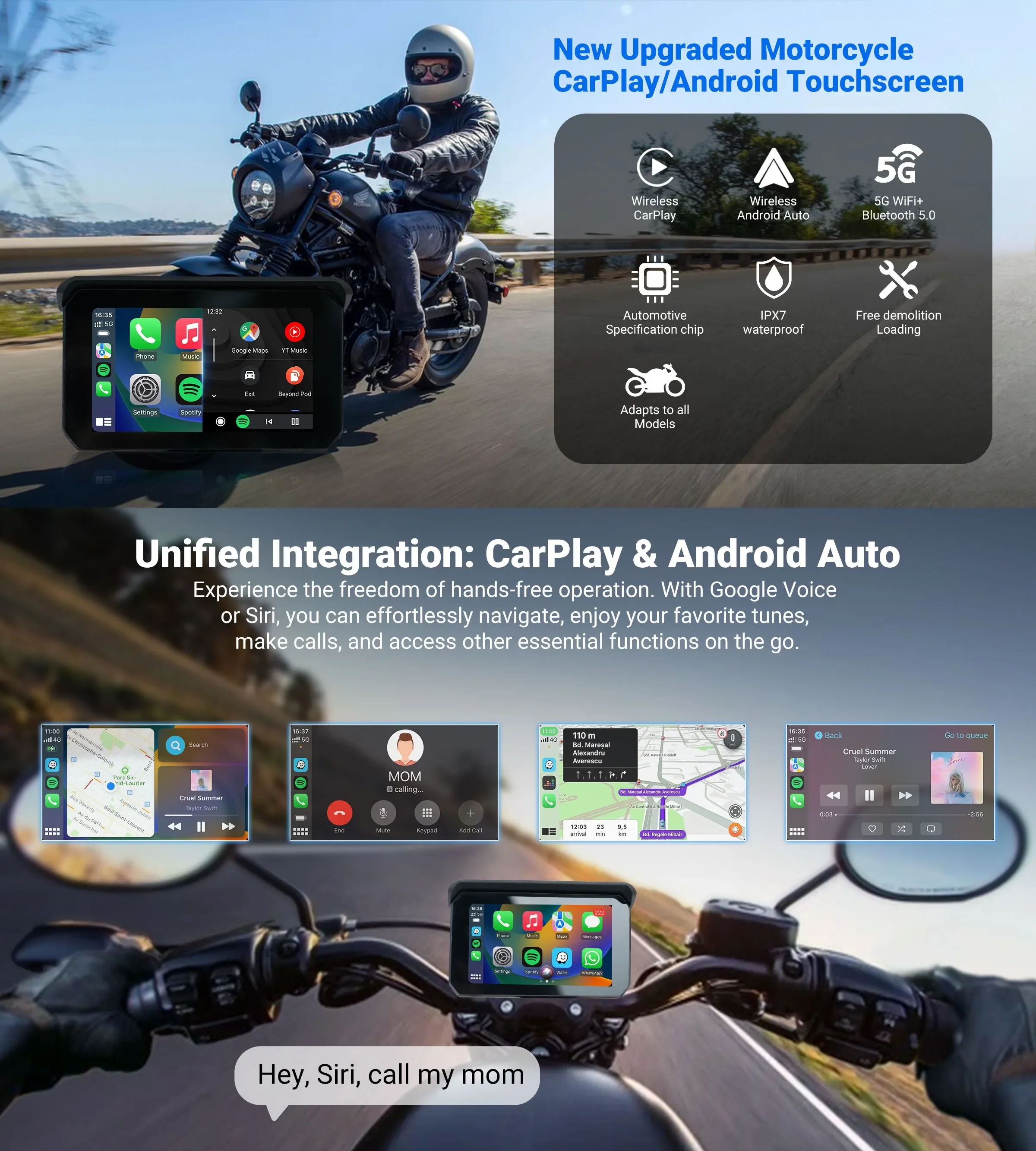 Ottocast pantalla Carplay portátil Appl carplay motocicleta inalámbrica Carplay motocicleta Gps DVR pantalla de navegación para motocicleta