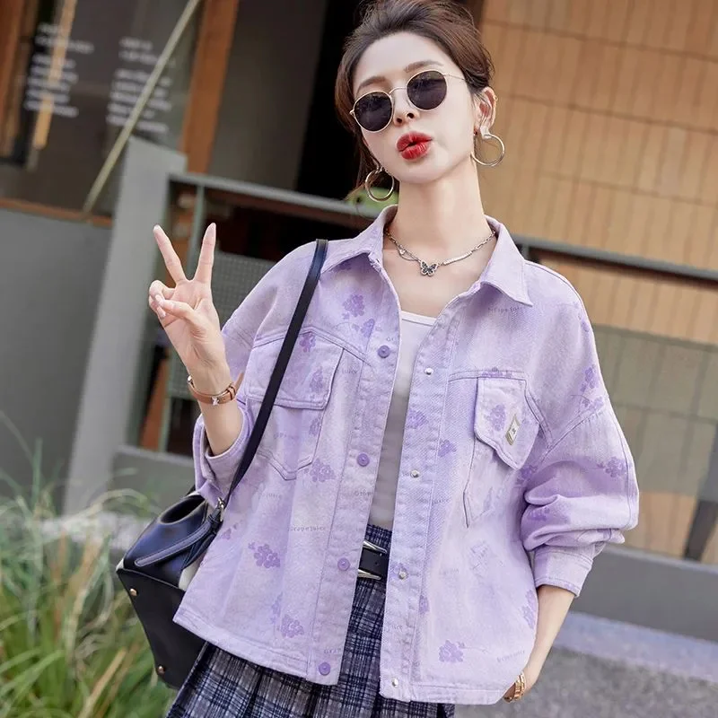 

Женская джинсовая куртка с милым принтом, весна 20220, новое маленькое ковбойское пальто, повседневная верхняя одежда в западном стиле, свободные джинсы, верхнее женское пальто