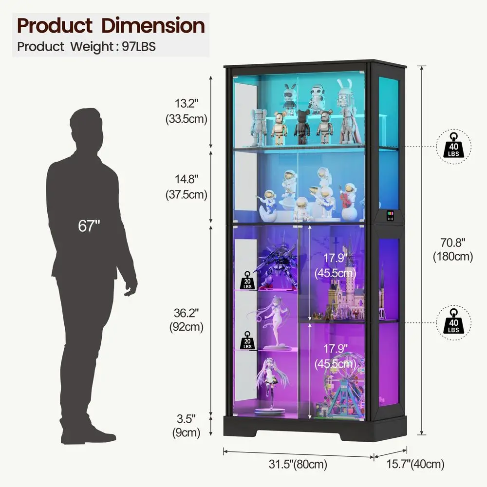 Lighted Corner Display Curio Cabinet Wooden Curved Shelving Unit with Tempered Glass Door, Bar and Liquor Storage Area with 6 S view 3