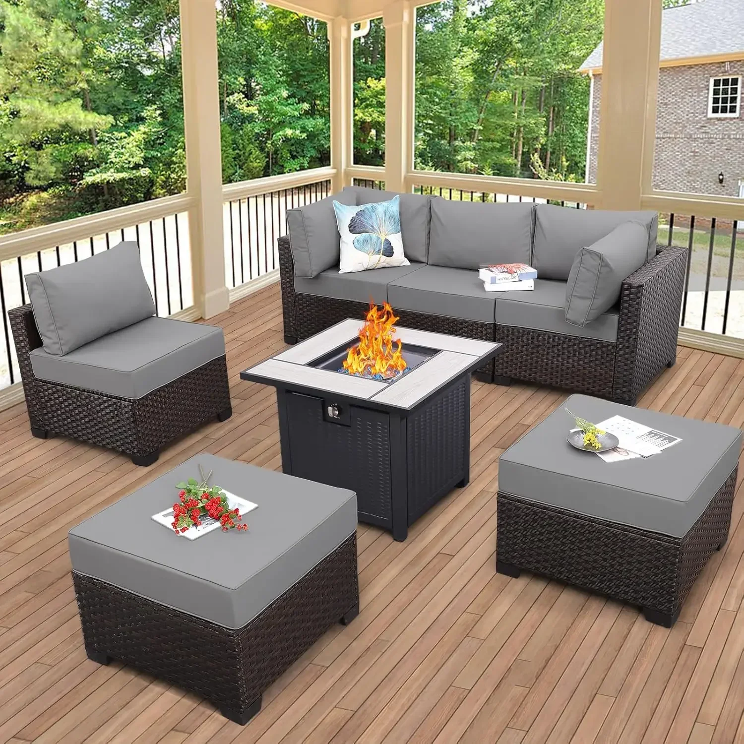 

Outdoor Patio Dark Brown Rattan Sectional Furniture Set PE Wicker Conversation Sofa with Gas Fire Pit Square Steel Table