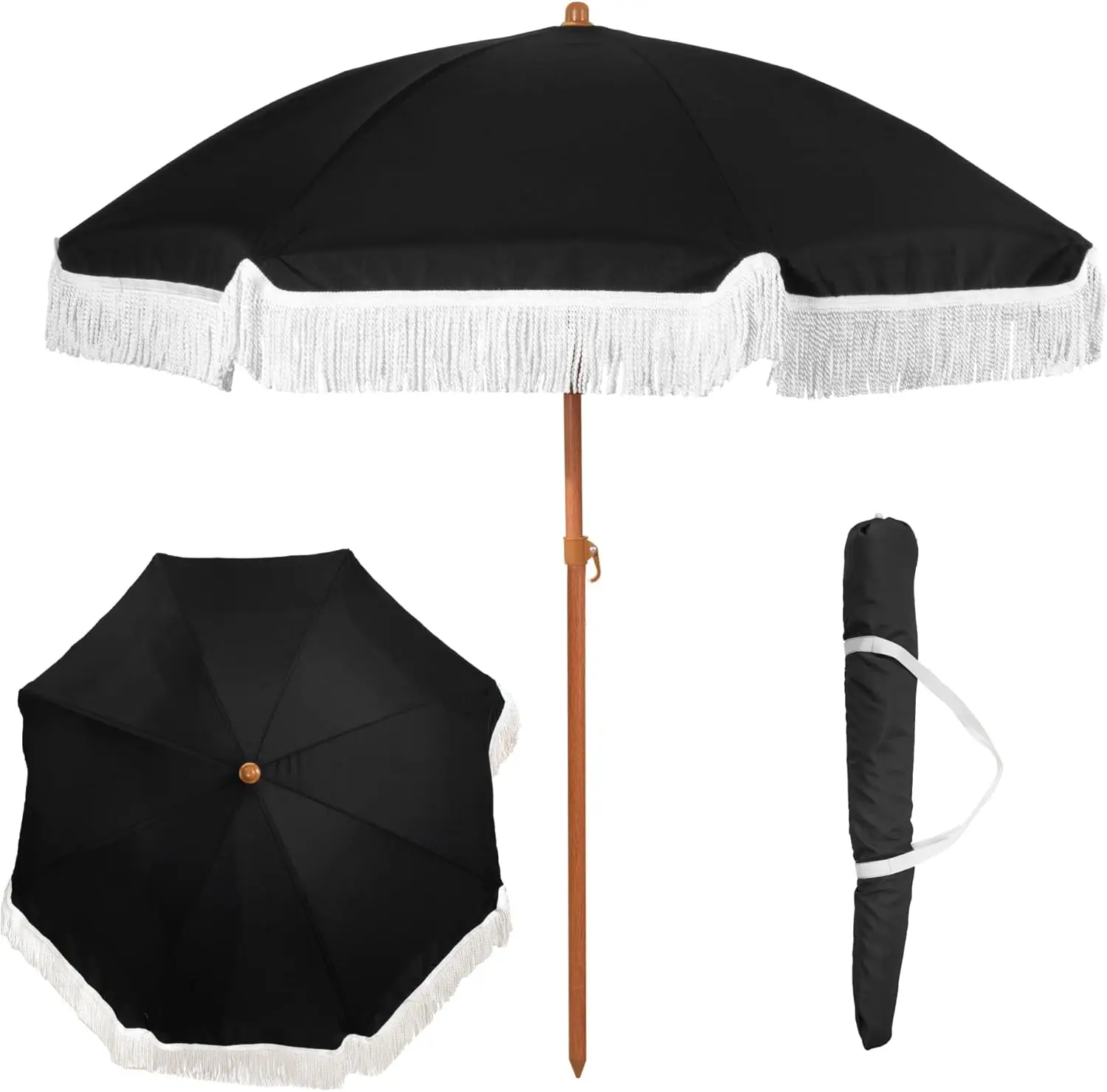 

6 Ft Outdoor Umbrella with Vintage Tassels & Wood Print - Push Button Tilt for Patio, Pool, Garden