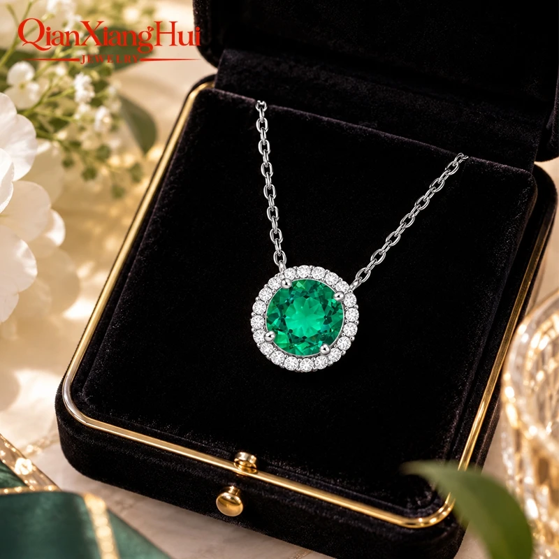 925 Sterling Silver Round Halo Pendant Necklace Lab Created Emerald or YAG Gemstone With Moissanite Accents 6.5mm 8mm 10mm gift