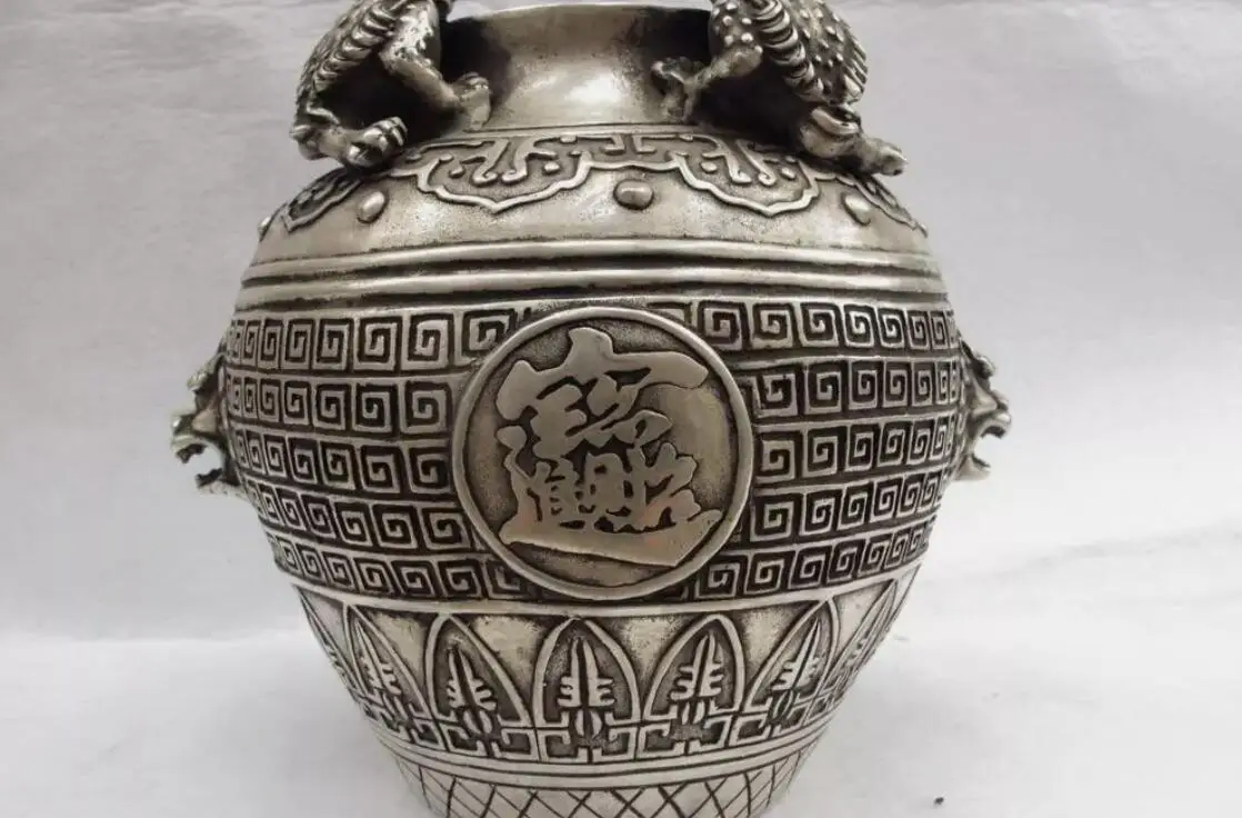 8 Chinese Folk White Copper Silver Fengshui Wealth Four toad crock Treasure bowl