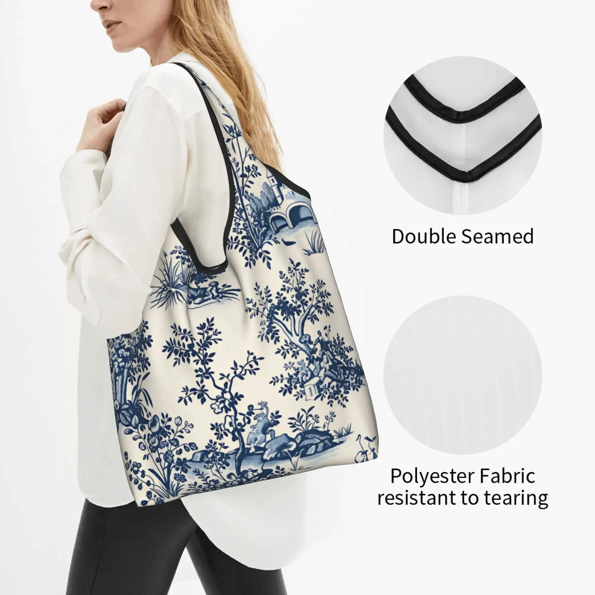 Recycling Toile De Jouy French French Country Shopping Bag Women Tote Bag Portable  Grocery Shopper Bags