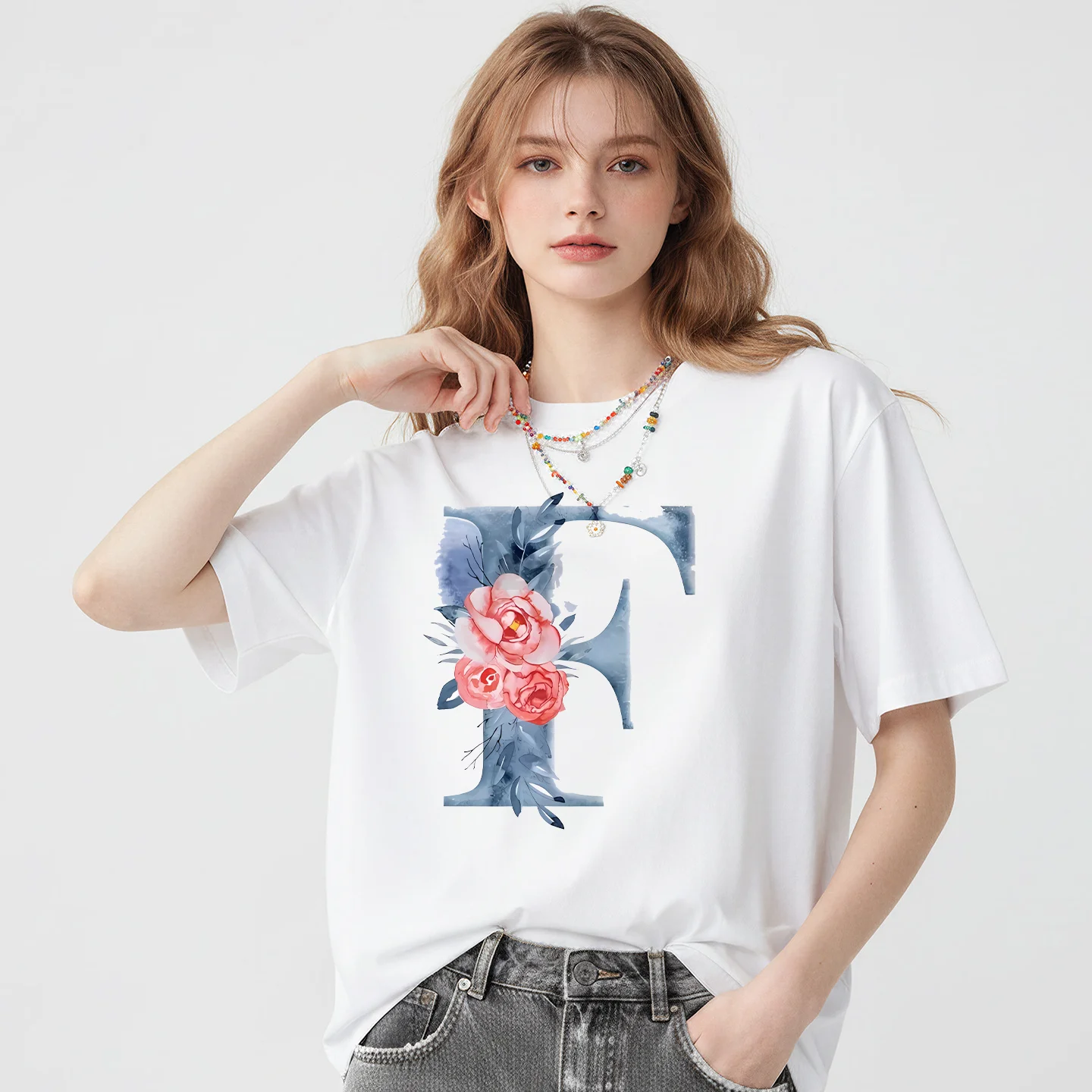26 Alphabet Tshirt Personalized Watercolor Letter Print Women's Summer T-shirt Short Sleeve White Everything Tops  Harajuku