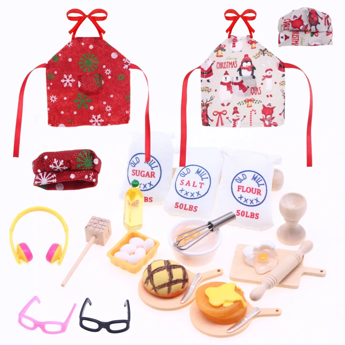 

1Set Dollhouse Mini Christmas Elf Cooking Baking Set Chef Hat Mini Apron Rolling Pin Egg Beater Salt Bag Cake Tray