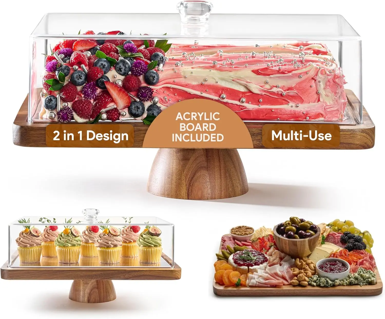 

Rectangular Acacia Wood Cake Stand with Lid, 2-in-1 Dessert Display and Charcuterie Board, Shatterproof Acrylic Cover