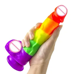 Simulation Dildo Rainbow Color Oversized Female Masturbator Vibrator Wearable Gun Machine Silicone Big Cock Adult Toys