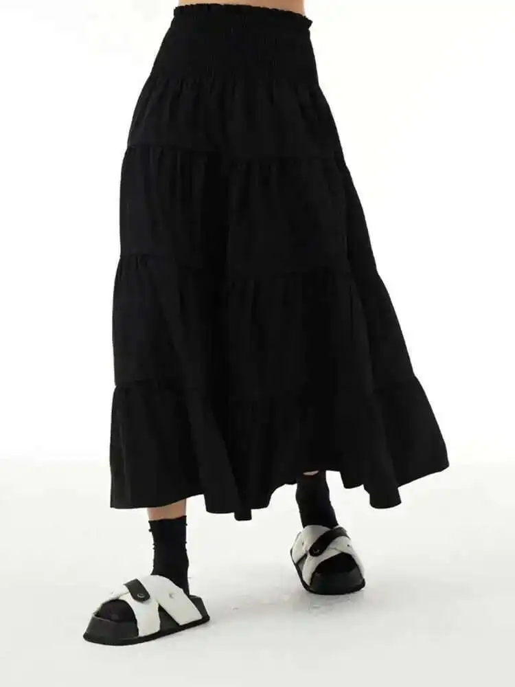 مرونة عالية الخصر الكاكي مطوي أنيقة ميدي ألف خط نصف الجسم تنورة المرأة موضة المد ربيع الخريف الجديد