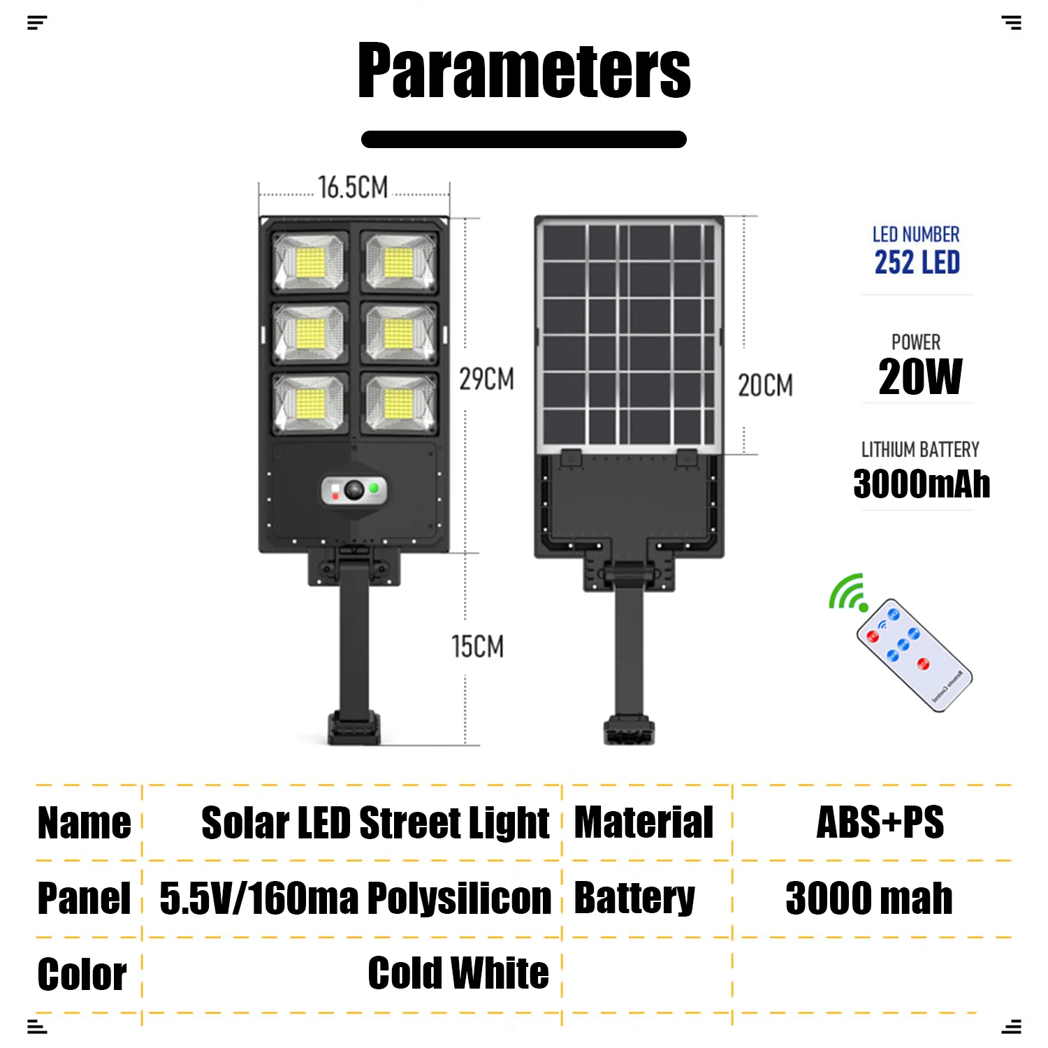 20W Solar LED Sensor Street Lamp Outdoor Waterproof Light 3 Modes High Power Garden Yard Decorative Lighting
