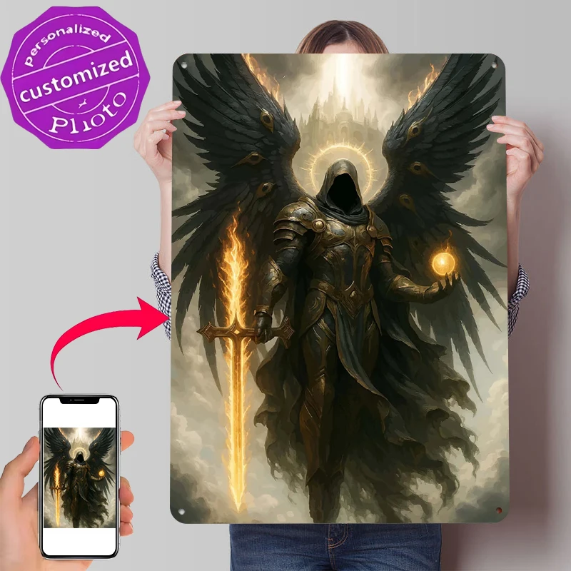 Angel Warrior With Fiery Sword Printed Poster Customized Wall Art Retro Vintage Metal Tin Signs for Office Decor Room Man Cave