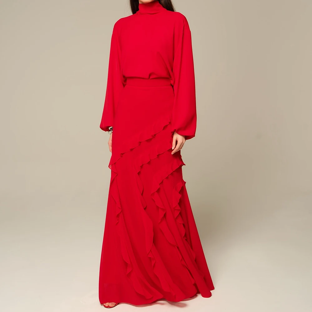 

Customized A-line Evening Dresses Floor-length High-neck Full Sleeve Prom Gown Fashion Ruched Simple Draped Casual Party Gown