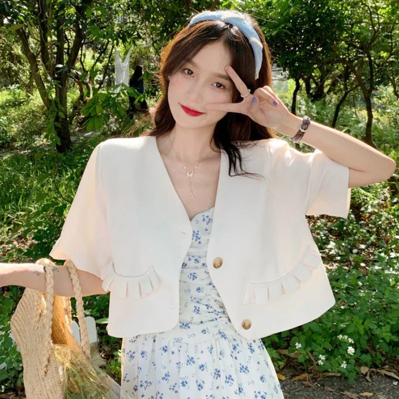 Blazers Women Lovely Ruffles Summer Korean Short Sleeve Jacket Sweet Girlish Gentle Temper Stylish All-match Cropped Outerwear