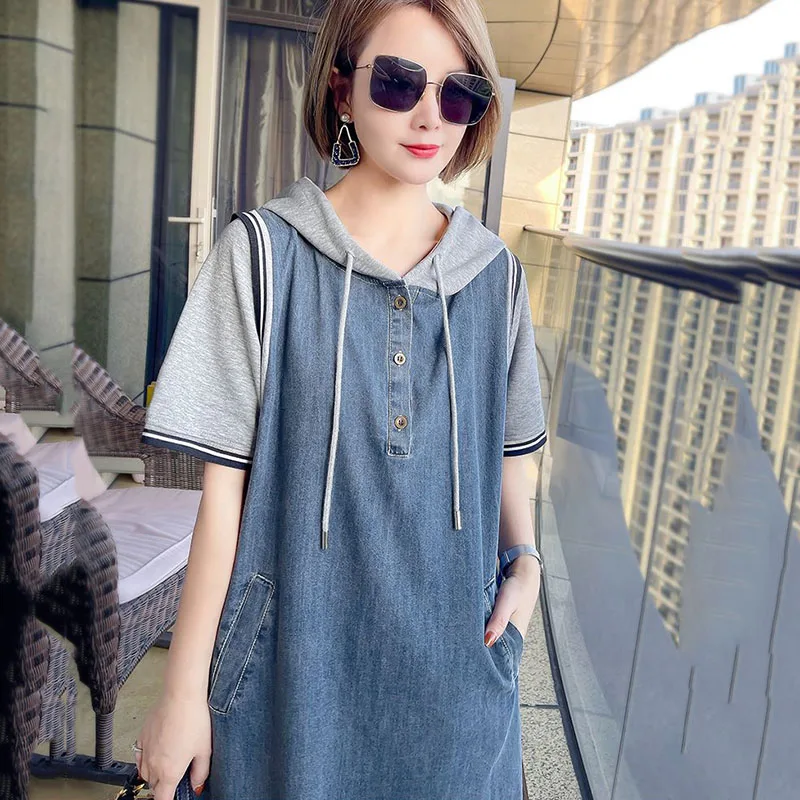 New Oversized Women's Patchwork Denim Dress Summer Loose Pullover Dresses Fashion Female Casual Short-sleeved Cowboy Dresses 4XL