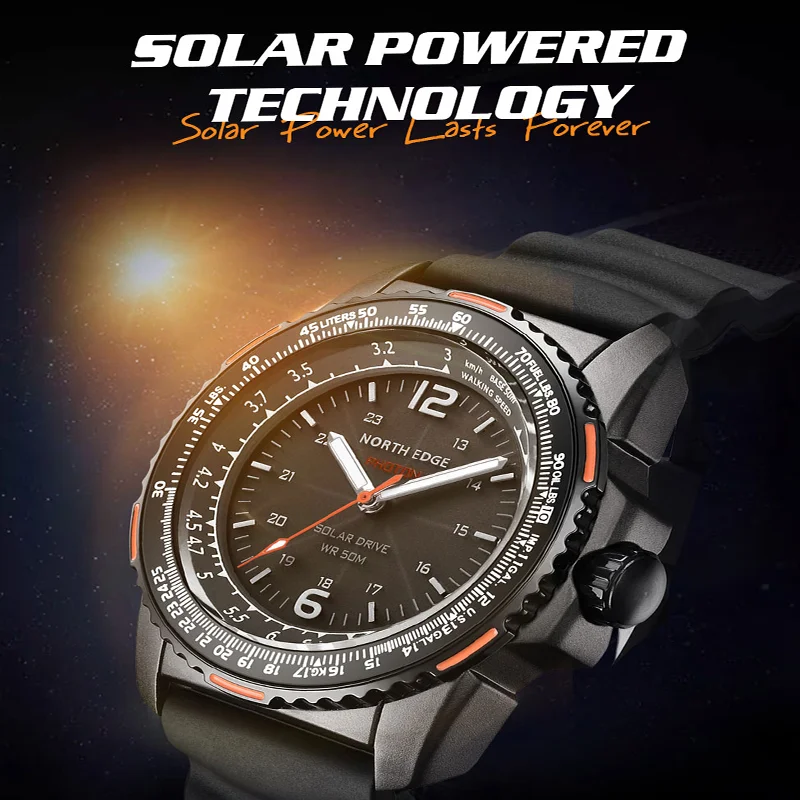 NORTH EDGE PHOTON Men Digital Military Watch Waterproof 50M Men\'s Sport Wristwatches Solar Power Luminous Enviormentally Clock