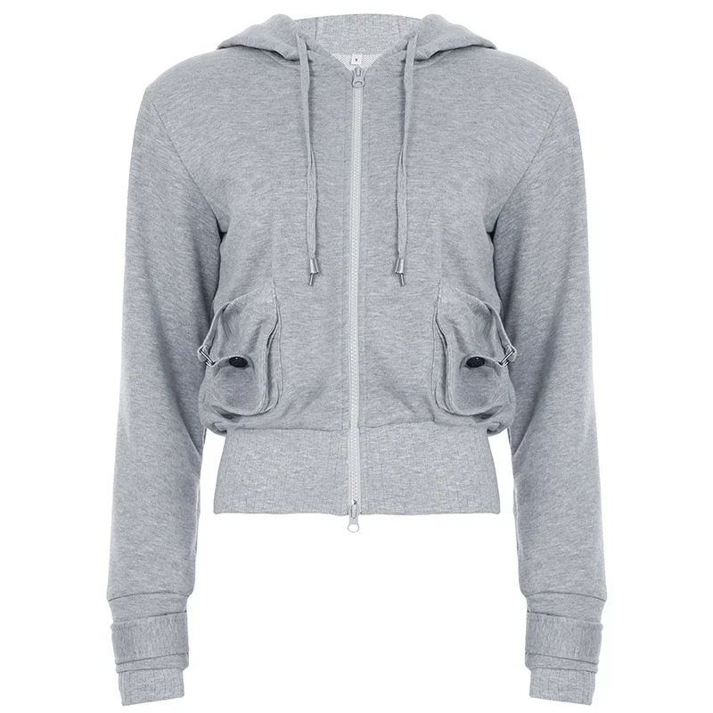 Pockets Double Zip-up Hoodie Vintage Loose Fit Hooded Sweatshirts Grey Casual Basic Cargo Cardigan Sportswear Womens