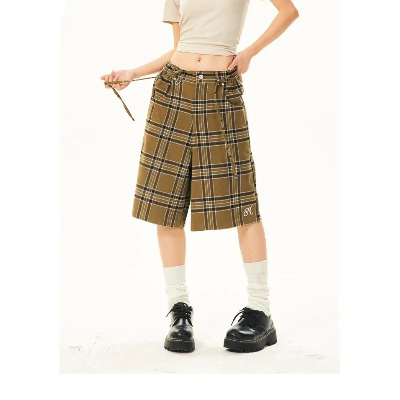 QWEEK Vintage Y2k Plaid Shorts Pants Japanese Harajuku Baggy Wide Trousers High Waist Casual America Summer Streetwear Female