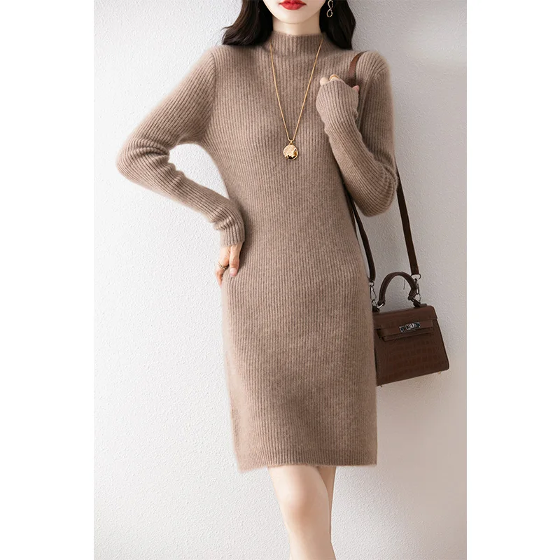 New 100% Merino Wool Knitted Women\'s Dress Hot Selling in Winter  Autumn and Winter Women\'s Dress Slimming Long Women\'s Dress