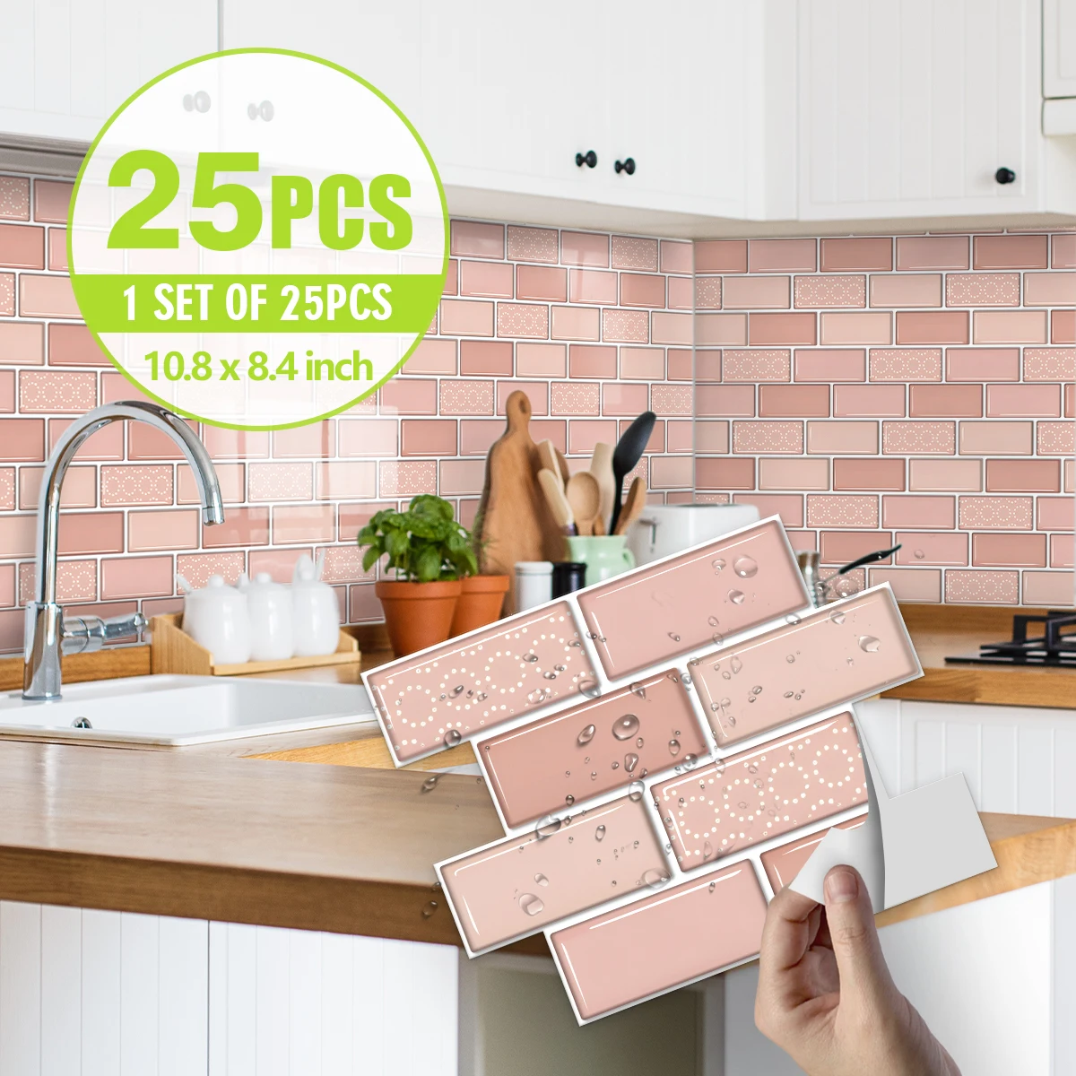 25PCS Pink Tile Pattern Waterproof & Oil Resistant Crystal Kitchen Stickers Thickened Moisture Resistant Self-Adhesive Stickers