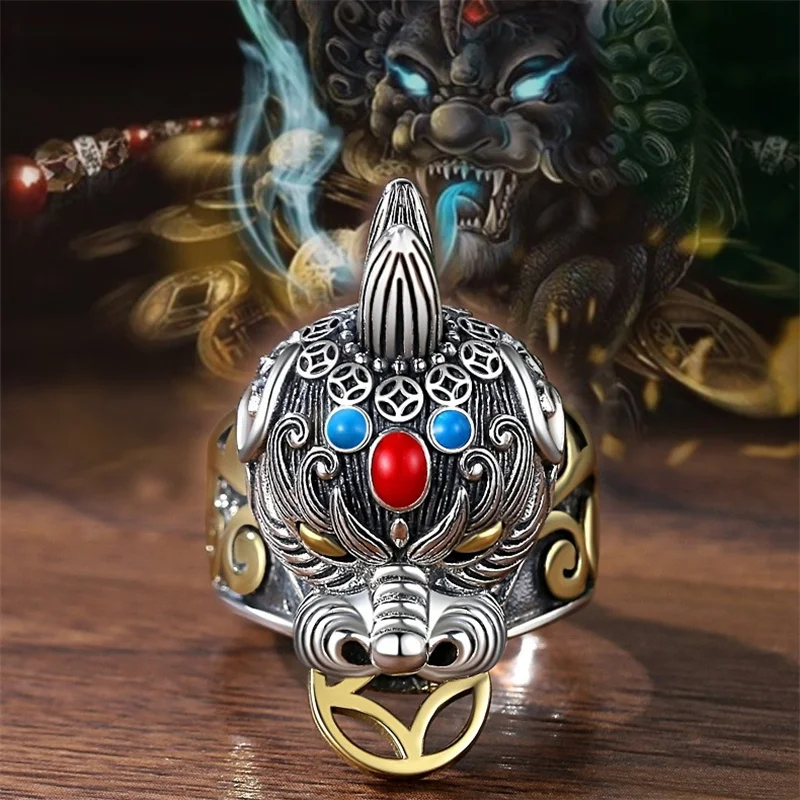 Retro Wealth Divine Beast Pixiu Ring Men's Jewelry Fashion Personality  Opening Adjustable Ring Male Finger Accessories