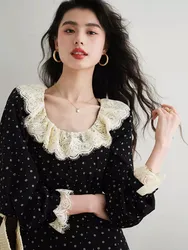 Vintage Lotus Collar Fragmented Flower Dress 2023 Autumn/Winter High Grade Lace Panel Black Long Sleeve Dress