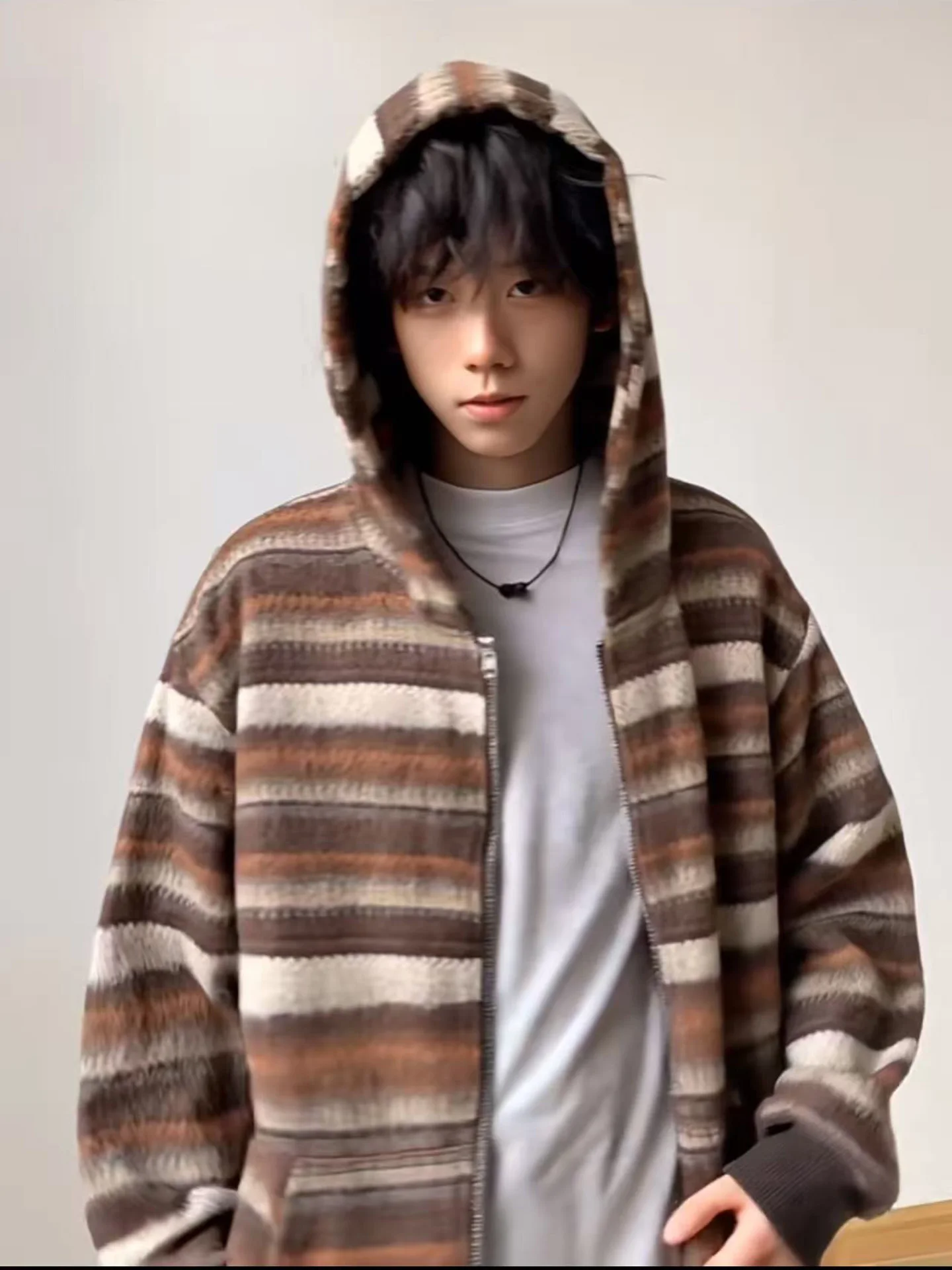 

Коричневый полосатый кардиган с капюшоном, мужской, свободного кроя, в стиле кэжуал, осенняя верхняя одежда, повседневный свободный крой