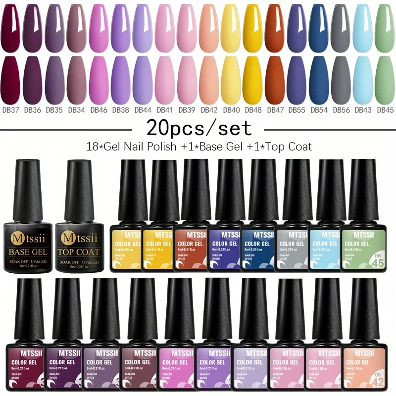 MTSSII 20pcs/set Nail Polish Gel With Base Top Coat Spring Summer Color Party Wedding Decor Soak Off Nail Art Gel Varnish