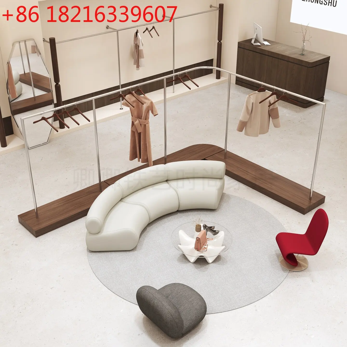 YAO curved shelf floor display rack clothing store display rack stainless steel walnut