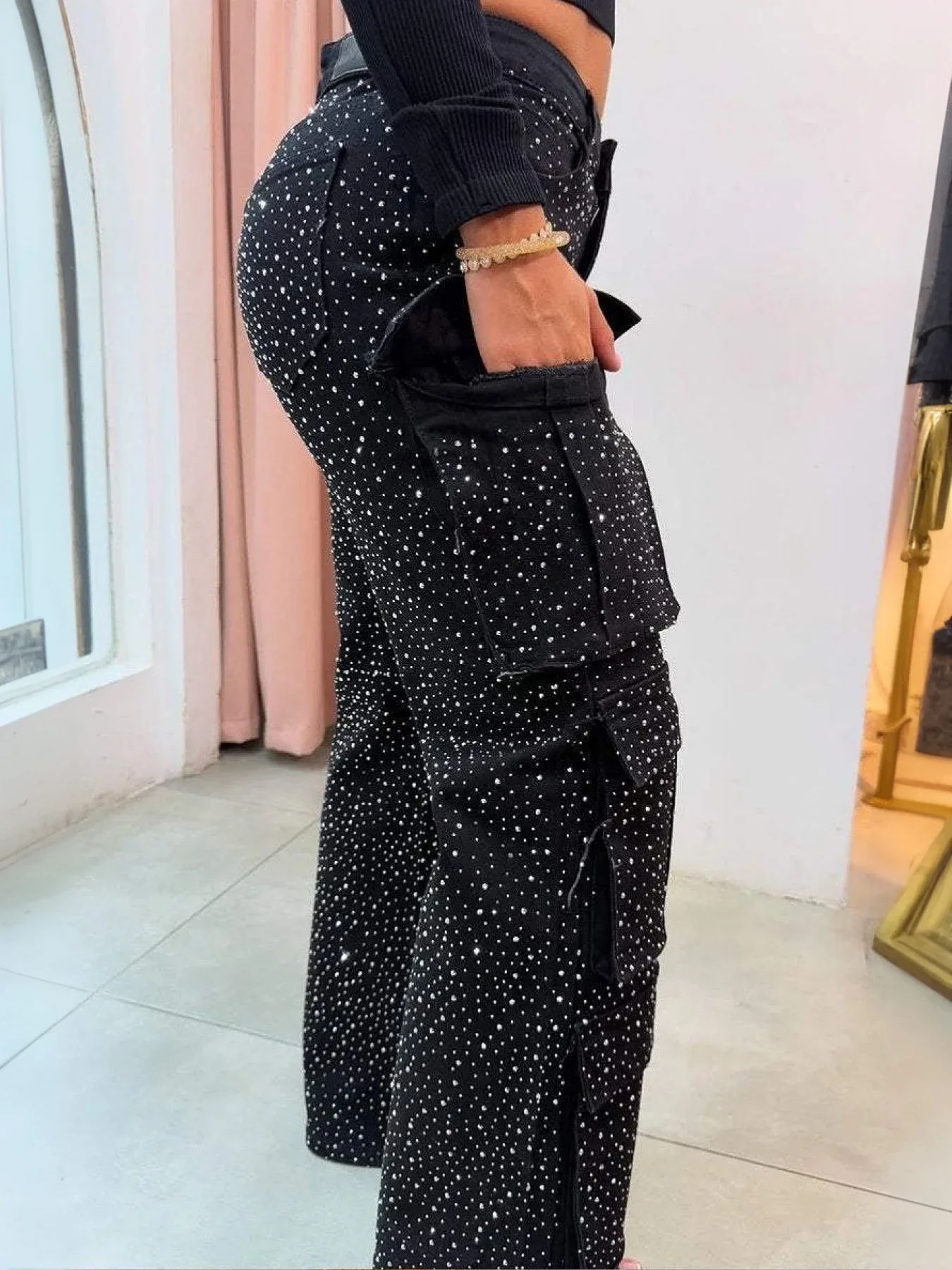 2025 New High Waist Black Rhinestone Multi-Pocket Work Jeans, Street Style, High Quality Fashionable Straight Jeans, a Must-Have