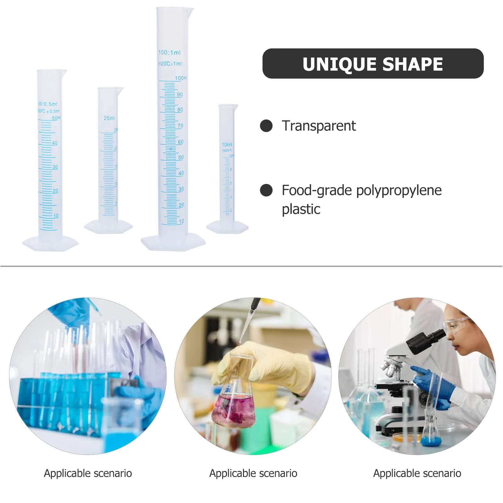 Cilindro graduado de plástico de medição transparente, 4 unidades, 10ml / 25ml / 50ml / 100ml Cilindro de medição de plástico