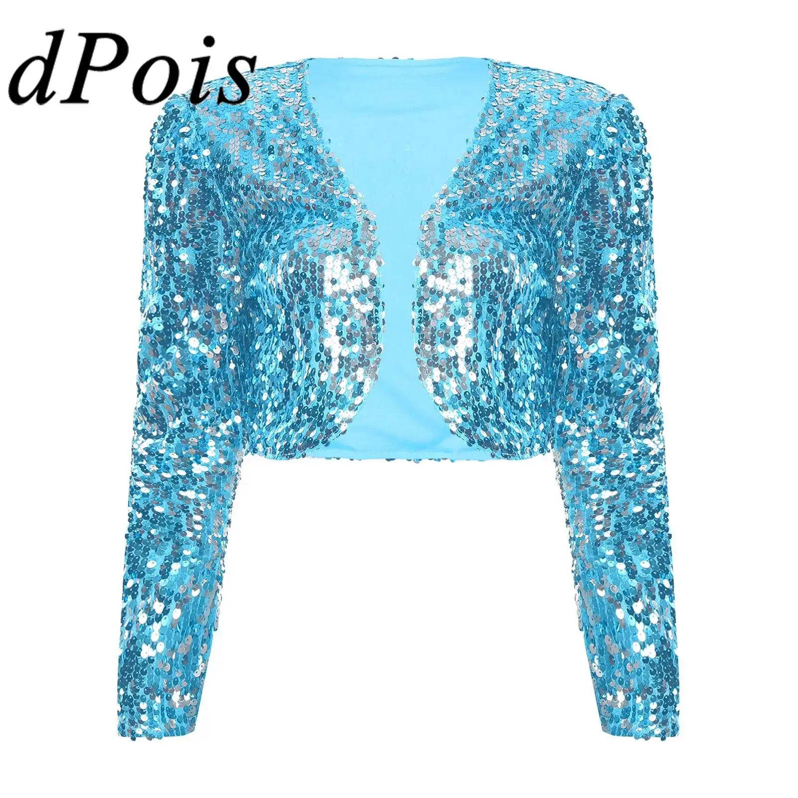 

Fashion Women's Jacket Outerwear Sequin Coats Rave Club Wear Long Sleeve Short Cardigan Crop Bolero for Party Nightclub Costume