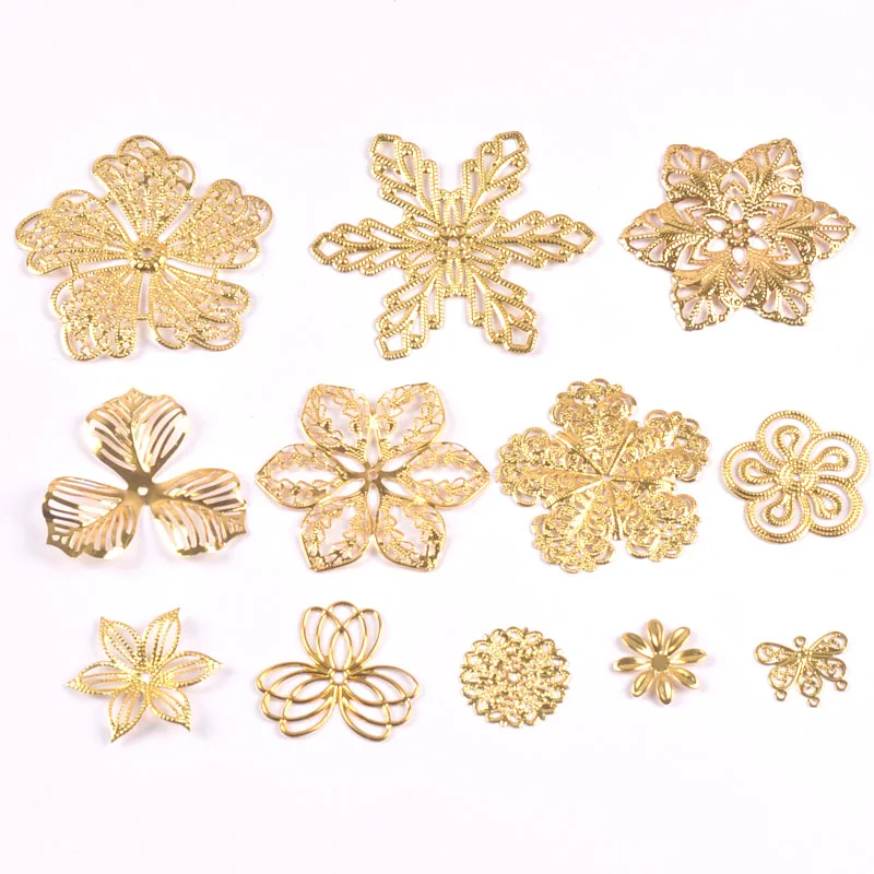 10-50pcs golden Filigree Wraps flower Connectors Metal Crafts Headwear accessories for Jewelry Making 20-70mm YKL0910