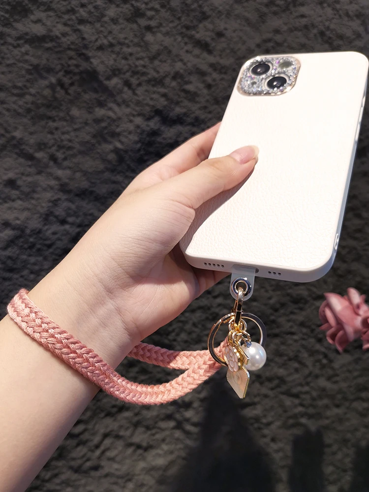 Pure Color Woven Small Fresh Phone Lanyard Short Girls Short Korean Ins Wrist Rope Bracelet Anti-lost Cell Phone Lanyard Keyring