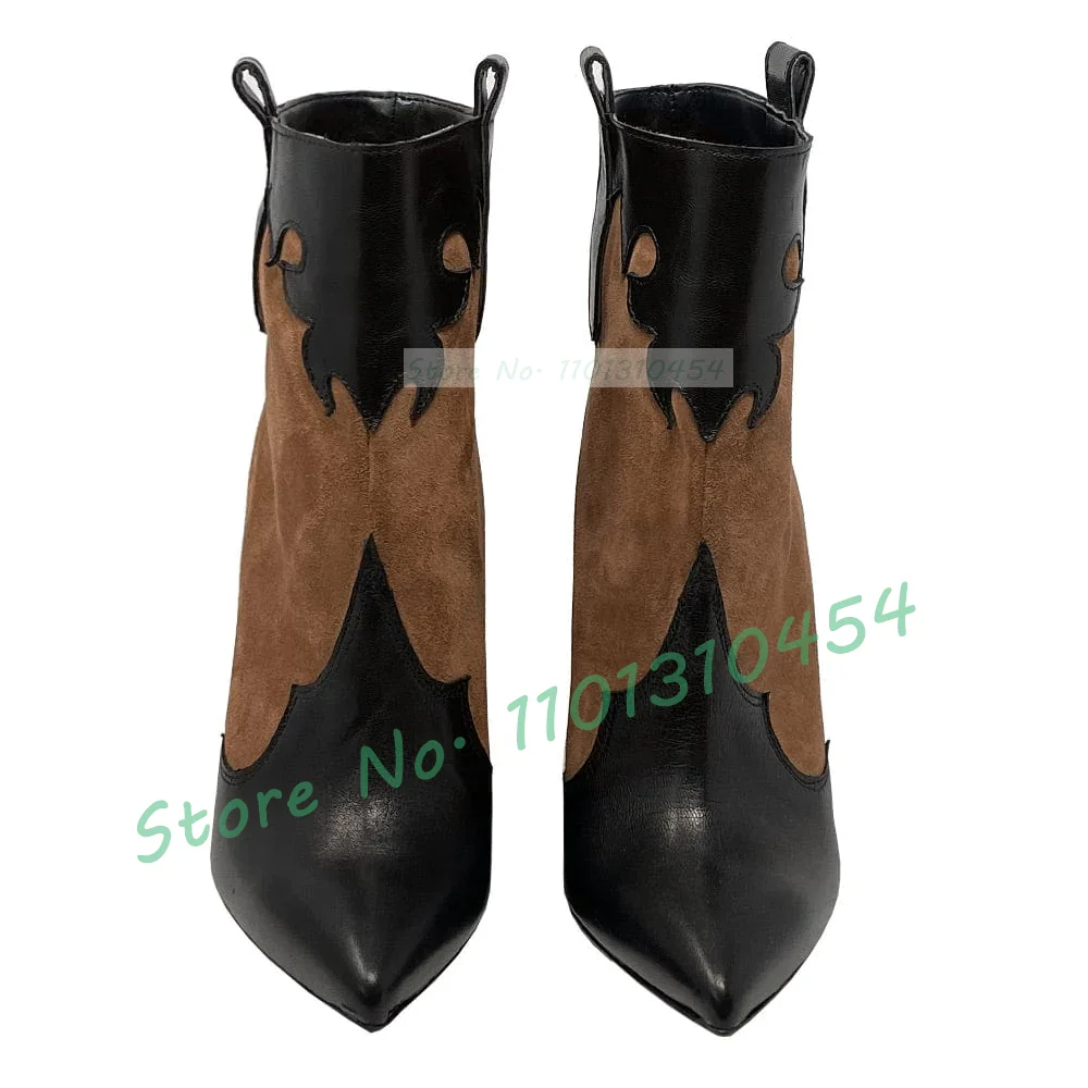 Western Spliced Wedge Ankle Boots Women Vintage Pointy Toe Color Block Suede Shoes Ladies Patchwork Chic Matte Leather Shoes