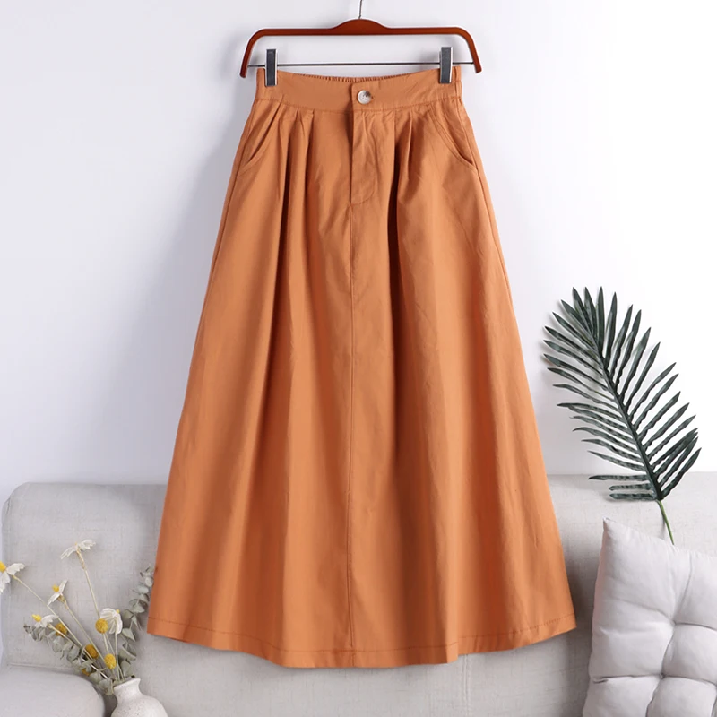 

Casual Women's Skirt 2023 Summer Solid color Button Pocket Cotton Midi Skirts A-line Hight Waist Korean Fashion Black Skirt