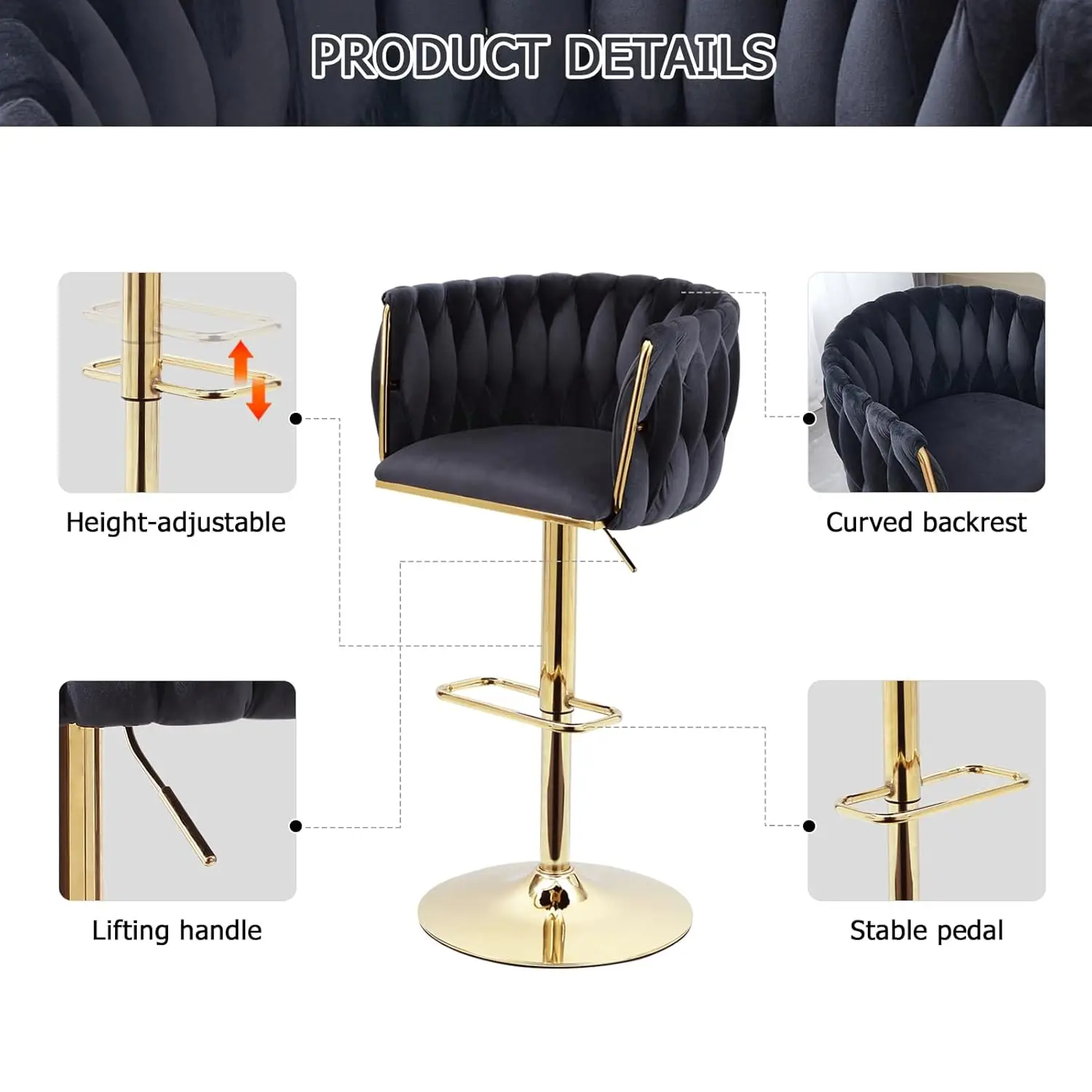 Black Velvet Bar Stools Set of 2 - Modern Adjustable Swivel Counter Height Chairs with Woven Back, Gold Metal Leg &, Customized