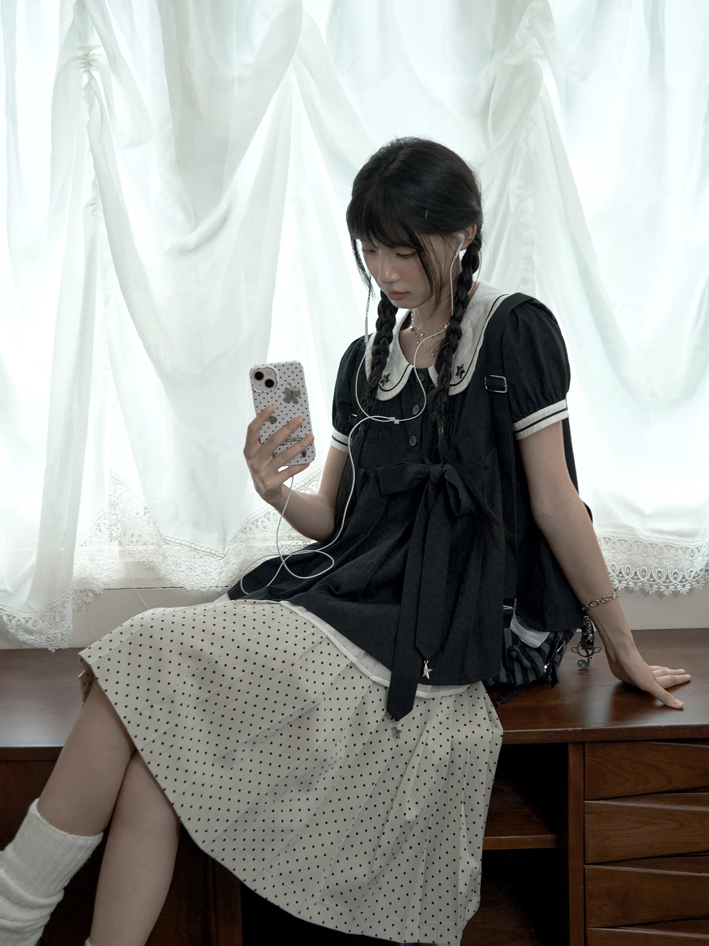 

Корейский модный комплект: блузка в горошек с воротником-стойкой и длинные брюки, для молодежи, осенний сезон