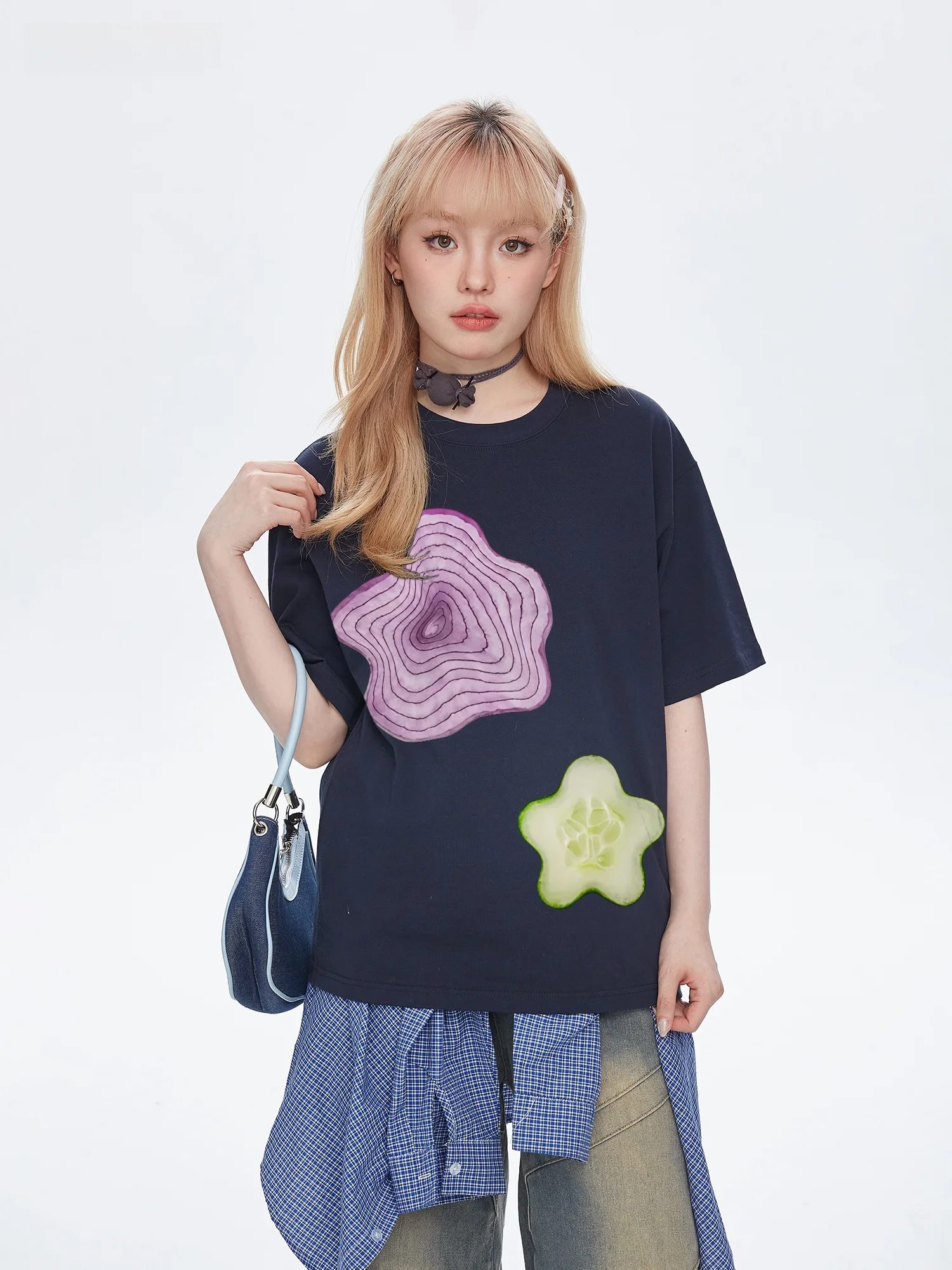 Dawn D Hand-Painted Onion Casual Loose Cotton Women's T-Shirt Summer Couple's Half Sleeve round Neck Short Length T-Shirt