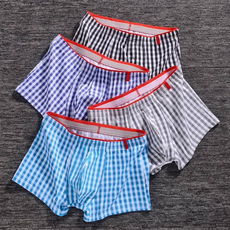 Men's Fashionable Trunks Skin Friendly Cotton Breathable Boxer Shorts Personalized Checkered Teenagers Mid Waist Sports Panties