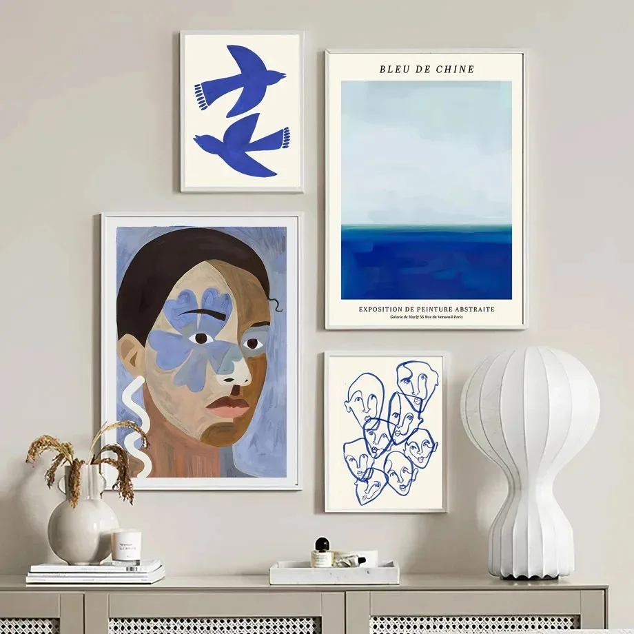 Nordic Bedroom Home Decor Abstract Blue Geometric Face Lines Canvas Painting Curve Girl Vase Dove Wall Art Posters Print Picture