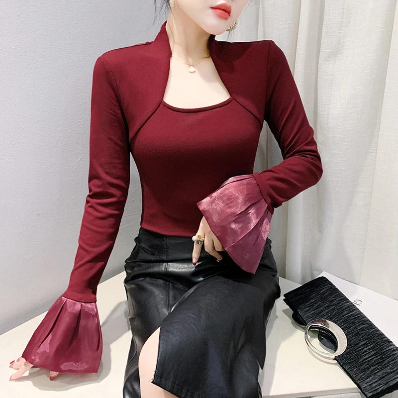 Women's Long Sve Floing Base irt Square Collar Bell Sve T-irt Autumn Winter Street Sle Slim Fit  Color Top