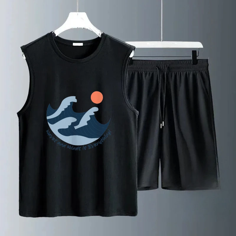

2025 Summer Casual Men's Sets Blue waves graffiti prints Sleeveless Daily Wear Lightweight Comfortable Outfit for Men tracksuits