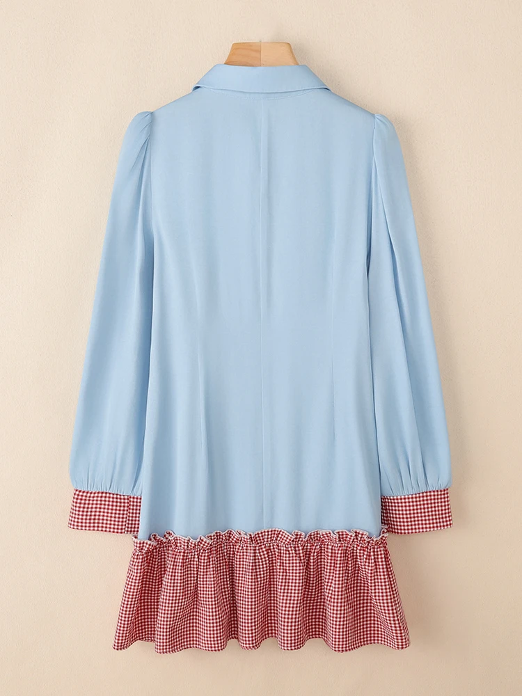 VONDA Elegant Plaid Dress Women Patchwork Ruffled Mini Sundress 2025 Autumn Long Sleeve Buttons Casual Buttons Party Vestidos