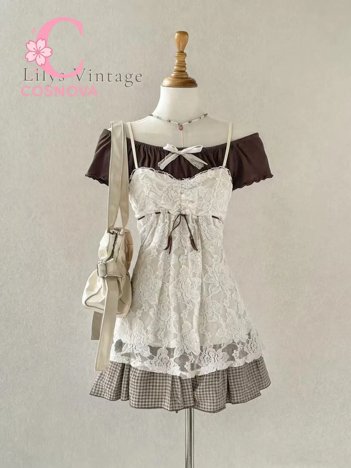 

Summer Vintage Lace Camisole Short Sleeve Crop Top Women Retro Preppy Plaid Pleated Skirt Female Sweet Three Piece Set Outfits