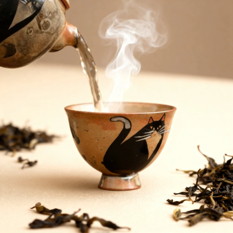 Handgefertigte japanische Vintage-Keramikofenwechsel-Teetasse mit wilder Katze, kleine Kung-Fu-Meister-Einzeltasse für Teezeremonie, Liebhaber für den täglichen Gebrauch