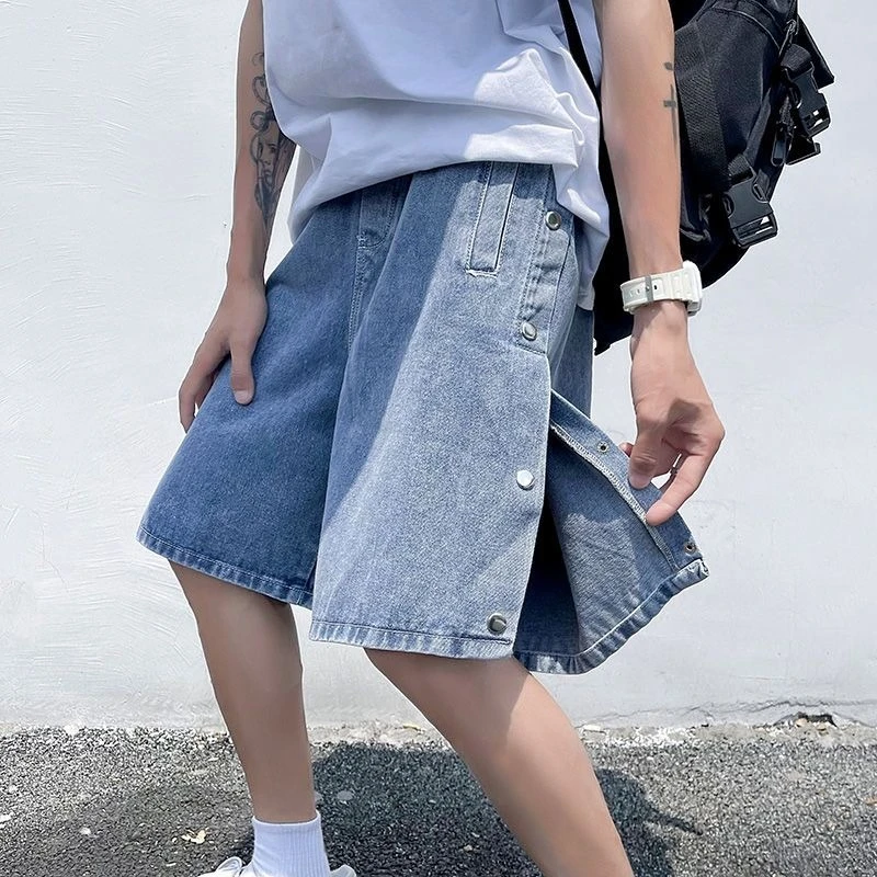 

Summer Men's Jean Shorts with Button Closure for Hot Weather Breathable Comfortable Relaxed Wide Cut Knee-Length Trendy Style
