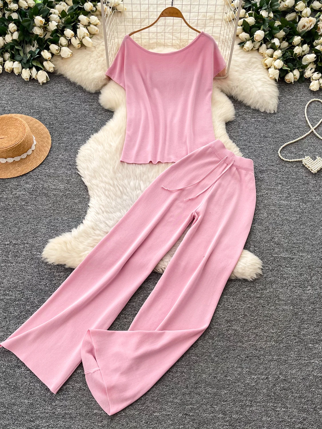 Casual Sportswear Set Women's Short Sleeve T-Shirt High Waist Wide Leg Pants Two Piece Set Elegant Commuting Outfit