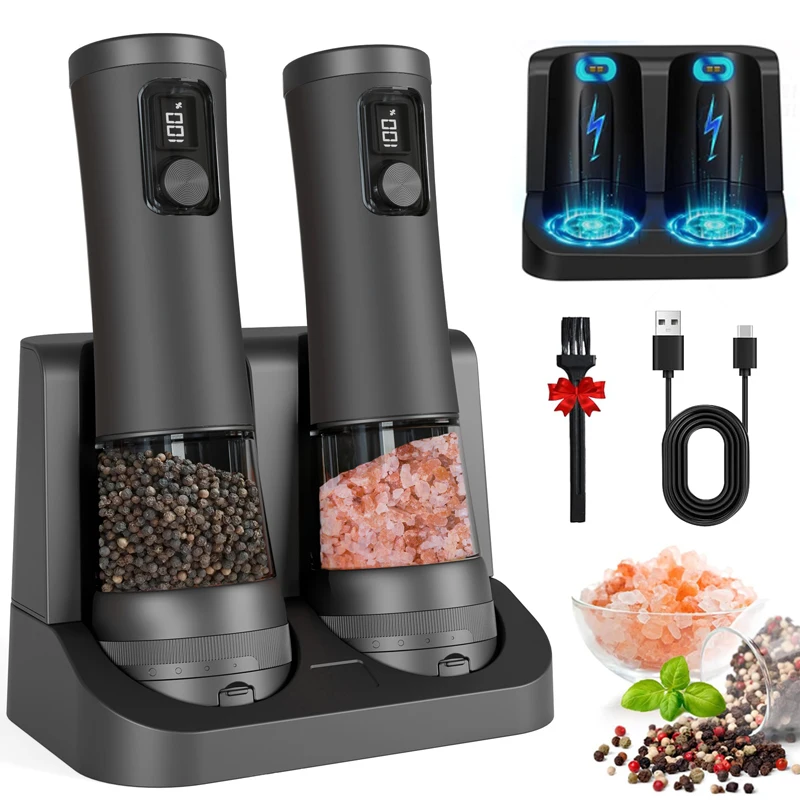 

2Pcs Electric Salt Pepper Grinder Automatic Pepper Mills with Rechargeable Base Stainless Steel Spice Shaker Pepper Grinders Set