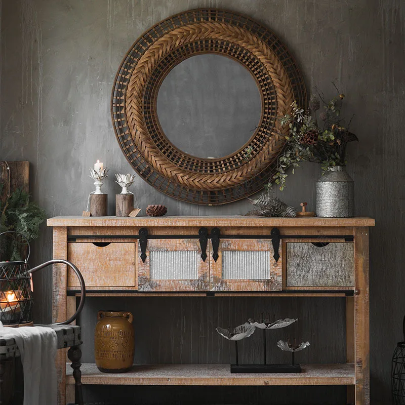 Rural retro bamboo weaving characteristic handmade mirror homestay soft decoration wall decoration   wall-mounted