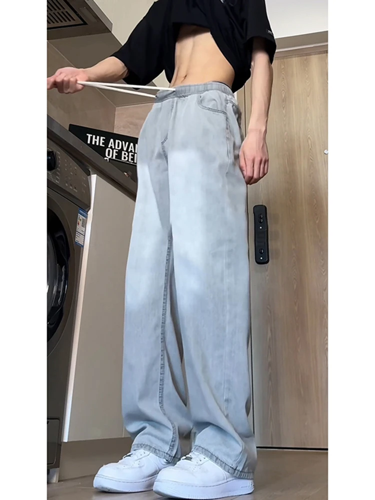 

Cleanfit e ey Ice Silk Men's Jeans Summer OOTD Straight Leg Loose Trousers Dstring Wide Leg Pants Youth Faion